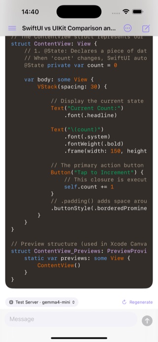 A streamed Markdown answer with a highlighted code block on iPhone.