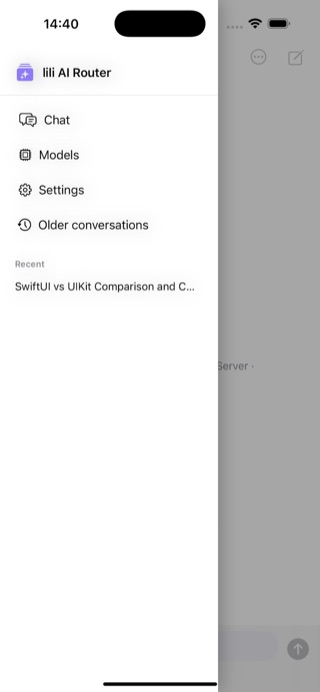 The slide-in drawer on iPhone listing Chat, Models and older conversations.