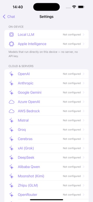 The provider list in Settings on iPhone, grouped into on-device and cloud sections.