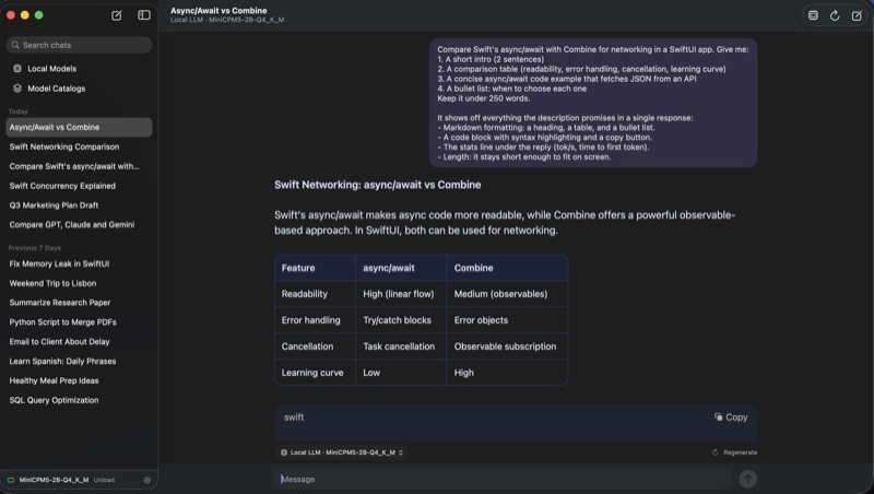 lili AI Router on macOS: a conversation list on the left and a streamed answer with a comparison table and a highlighted code block on the right.