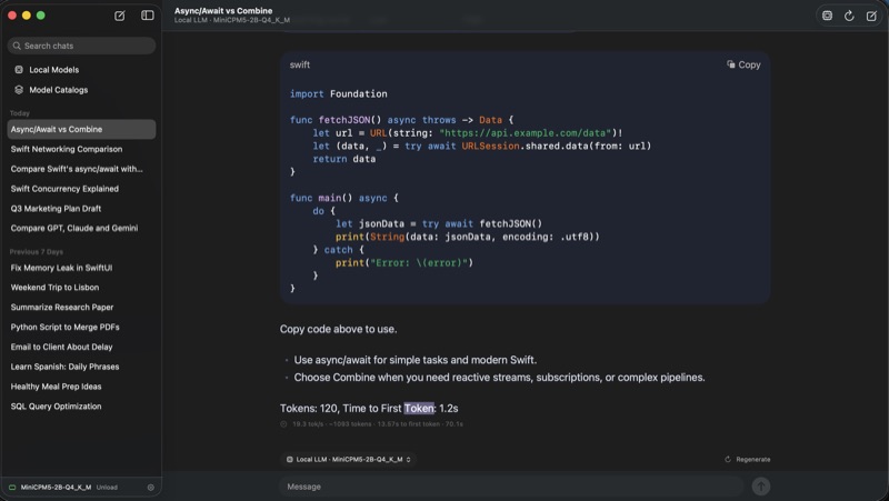 A reply containing a syntax-highlighted code block with a copy button, and a stats line showing tokens per second.