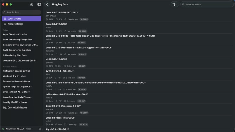 Searching the Hugging Face Hub for GGUF models from inside the app, with results listed by repository.