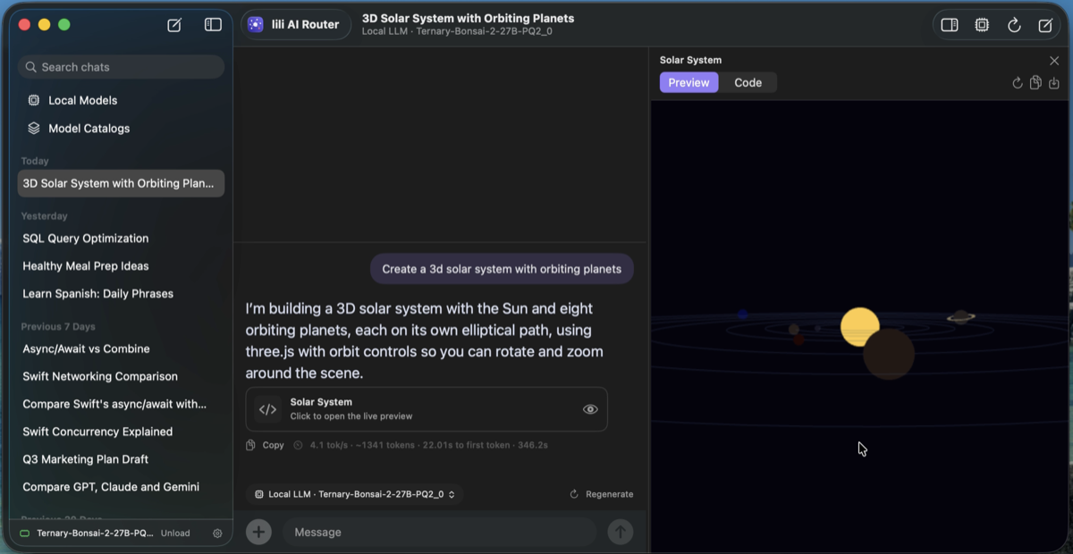lili AI Router on macOS: on the left a conversation asking for a 3D solar system, on the right the generated page running live in the preview panel, with the Sun and orbiting planets.