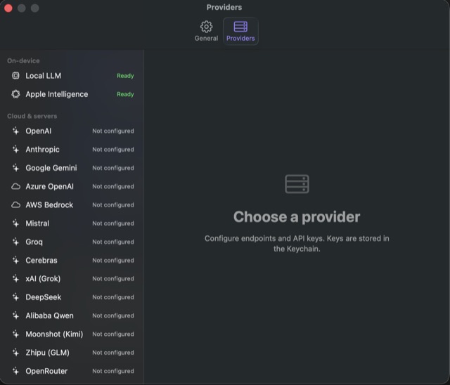 The Providers settings pane listing On-device and Cloud & servers sections, with Local LLM and Apple Intelligence marked Ready.